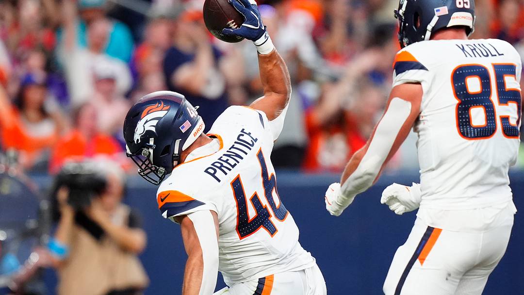 Aug 28, 2026; Denver, Colorado, USA;  Denver Broncos fullback Adam Prentice (46) celebrates his touchdown carry in the first quarter during a preseason game against the Minnesota Vikings at Empower Field at Mile High.  Mandatory Credit: Ron Chenoy-Imagn Images