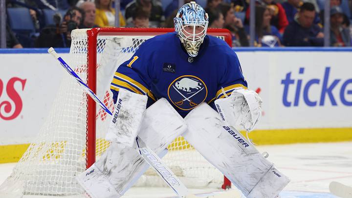 Buffalo Sabres goaltender Ukko-Pekka Luukkonen (1) looks for the puck during the third period against the Dallas Stars at KeyBank Center. Mandatory Credit: Timothy T. Ludwig-Imagn Images