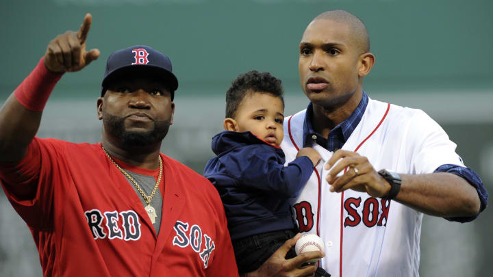 Jul 8, 2016; Boston, MA, USA; Boston Red Sox designated hitter David Ortiz (34) with Boston Celtic forward Al Horford and son Ean prior to a game against the Tampa Bay Rays at Fenway Park. Mandatory Credit: Bob DeChiara-USA TODAY Sports