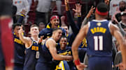 Jun 9, 2023; Miami, Florida, USA; The Denver Nuggets bench celebrates after a play against the Miami Heat during the fourth quarter in game four of the 2023 NBA Finals at Kaseya Center. Mandatory Credit: Kyle Terada-Imagn Images