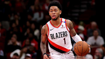 Nov 22, 2024; Houston, Texas, USA; Portland Trail Blazers guard Anfernee Simons (1) handles the ball against the Houston Rockets during the third quarter at Toyota Center. Mandatory Credit: Erik Williams-Imagn Images