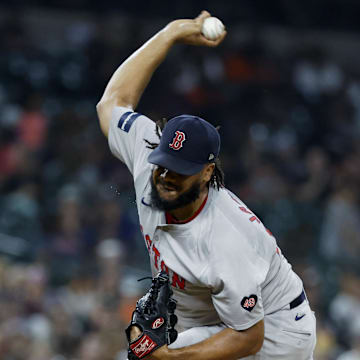 Aug 30, 2024; Detroit, Michigan, USA;  Boston Red Sox pitcher Kenley Jansen (74) pitches against the Detroit Tigers at Comerica Park. Mandatory Credit: Rick Osentoski-Imagn Images