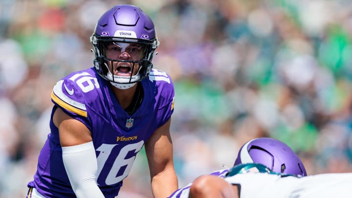 Minnesota Vikings quarterback Jaren Hall (16) calls out before the snap during the second quarter against the Philadelphia Eagles at Lincoln Financial Field in Philadelphia on Aug. 24, 2024. 