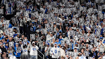 Detroit Lions fans cheer on against Dallas Cowboys during the first half at Ford Field in Detroit on Thursday, Dec. 4, 2025.
