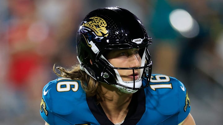 Jacksonville Jaguars quarterback Trevor Lawrence (16) rolls from the pocket during the first quarter of an NFL football matchup at EverBank Stadium, Monday, Oct. 6, 2025, in Jacksonville, Fla. The Jacksonville Jaguars edged the Kansas City Chiefs 31-28. [Corey Perrine/Florida Times-Union]