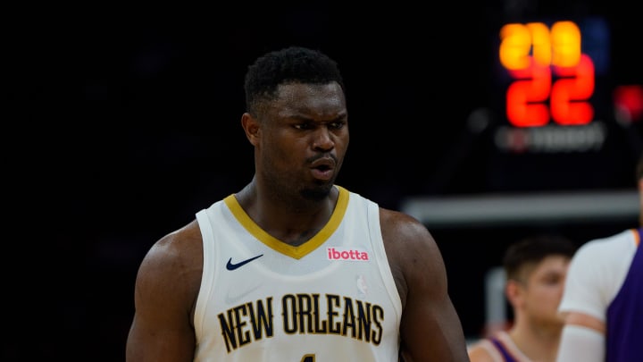 Apr 7, 2024; Phoenix, Arizona, USA;  New Orleans Pelicans forward Zion Williamson (1) reacts between plays against the Phoenix Suns in the second half at Footprint Center. Mandatory Credit: Allan Henry-USA TODAY Sports