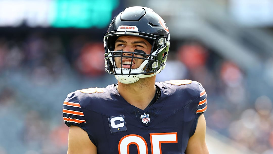 Sep 8, 2024; Chicago, Illinois, USA; Chicago Bears tight end Cole Kmet (85) practices before the game against the Tennessee Titans at Soldier Field. Mandatory Credit: Mike Dinovo-Imagn Images