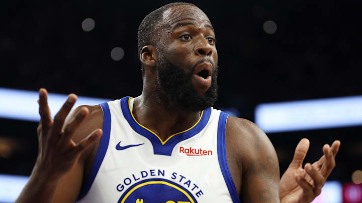 Dec 18, 2025; Phoenix, Arizona, USA; Golden State Warriors forward Draymond Green (23) reacts against the Phoenix Suns in the second half at Mortgage Matchup Center. Mandatory Credit: Mark J. Rebilas-Imagn Images