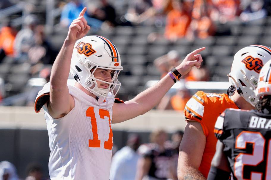 Oklahoma State quarterback Drew Mestemaker celebrates after an OSU touchdown during a spring football game.