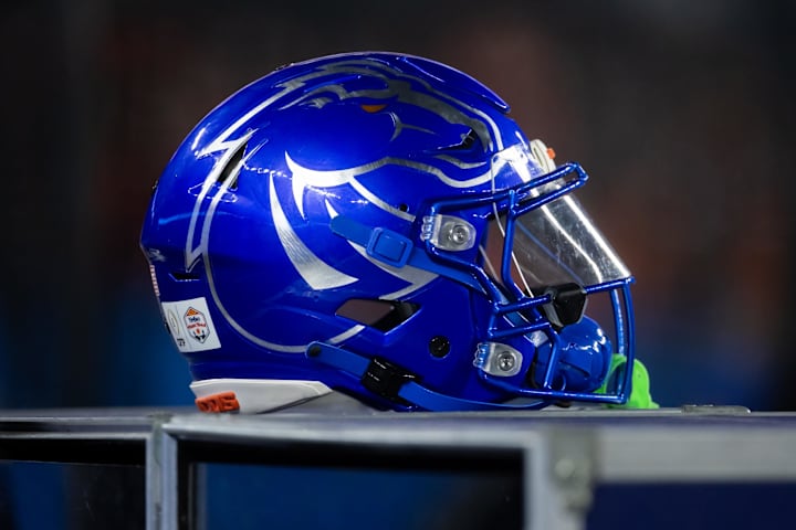 Detailed view of a Boise State Broncos helmet during the Fiesta Bowl at State Farm Stadium. 