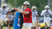 Jul 30, 2025; New Orleans, LA, USA;  New Orleans Saints quarterback Tyler Shough (6) during training camp at Ochsner Sports Performance Center. Mandatory Credit: Stephen Lew-Imagn Images