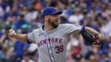 Jun 22, 2024; Chicago, Illinois, USA; New York Mets pitcher Tylor Megill (38) throws the ball against the Chicago Cubs during the first inning at Wrigley Field. Mandatory Credit: David Banks-USA TODAY Sports