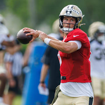 Jul 30, 2025; New Orleans, LA, USA;  New Orleans Saints quarterback Tyler Shough (6) during training camp at Ochsner Sports Performance Center. Mandatory Credit: Stephen Lew-Imagn Images