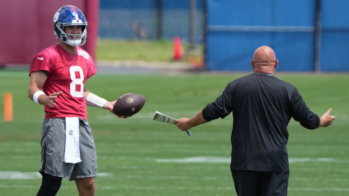 East Rutherford, NJ -- June 11, 2024 -- Daniel Jones and head coach Brian Daboll at the NY Giants Mandatory Minicamp at their practice facility in East Rutherford, NJ.