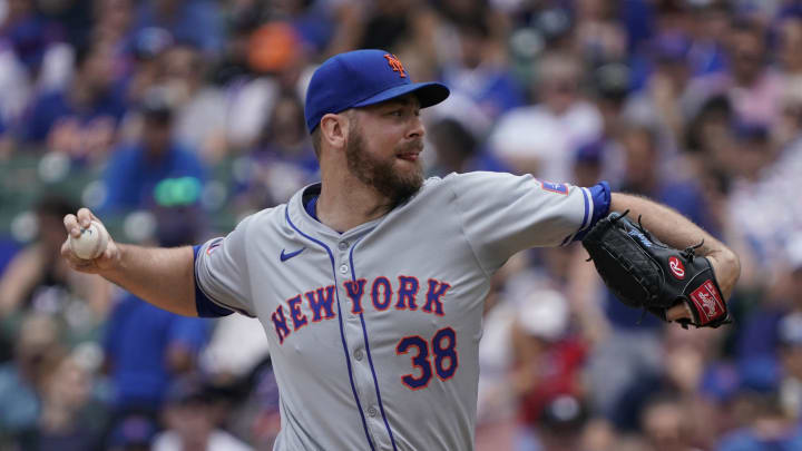 Jun 22, 2024; Chicago, Illinois, USA; New York Mets pitcher Tylor Megill (38) throws the ball against the Chicago Cubs during the first inning at Wrigley Field. Mandatory Credit: David Banks-USA TODAY Sports