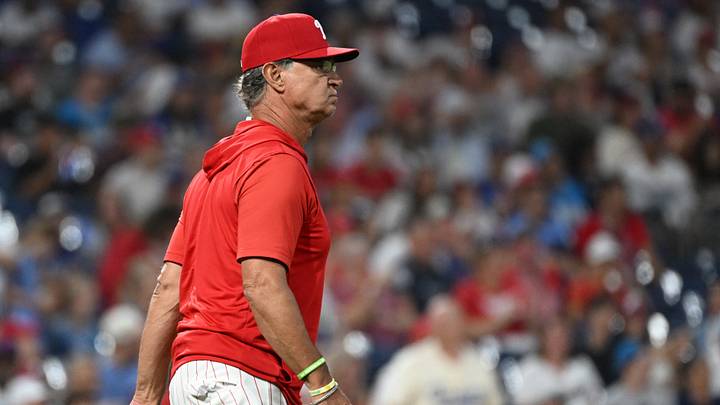 Jul 20, 2026; Philadelphia, Pennsylvania, USA; Philadelphia Phillies interim manager Don Mattingly (8) walks to the mound to make a change during the ninth inning against the Los Angeles Dodgers at Citizens Bank Park. Mandatory Credit: Eric Hartline-Imagn Images