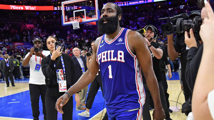 May 7, 2023; Philadelphia, Pennsylvania, USA; Philadelphia 76ers guard James Harden (1) reacts after overtime win against the Boston Celtics of game four of the 2023 NBA playoffs at Wells Fargo Center. Mandatory Credit: Eric Hartline-USA TODAY Sports