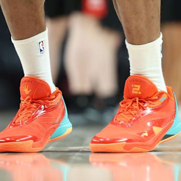 LA Clippers forward Kawhi Leonard warms up in his signature New Balance sneakers before playing in a game against the Portland Trail Blazers at Moda Center.