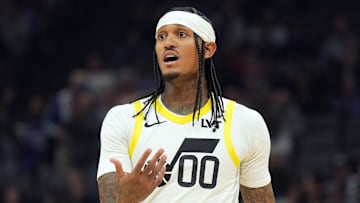 Nov 16, 2024; Sacramento, California, USA; Utah Jazz guard Jordan Clarkson (00) during the first quarter against the Sacramento Kings at Golden 1 Center. Mandatory Credit: Darren Yamashita-Imagn Images