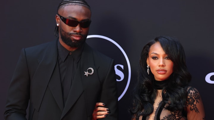 Jul 11, 2024: Boston Celtics guard Jaylen Brown and Kysre Gondrezick arrive on the red carpet before the 2024 ESPYS.