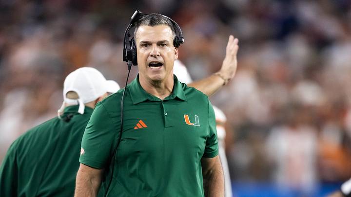 Jan 8, 2026; Glendale, AZ, USA; Miami Hurricanes head coach Mario Cristobal against the Mississippi Rebels during the 2026 Fiesta Bowl and semifinal game of the College Football Playoff at State Farm Stadium. Mandatory Credit: Mark J. Rebilas-Imagn Images