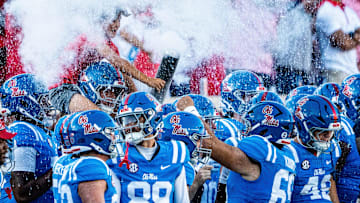 Ole Miss players celebrate on the sidelines during a college football game between Ole Miss and LSU at Vaught-Hemingway Stadium in Oxford, Miss., on Saturday, Sept. 27, 2025. Ole Miss defeated LSU 24-19.