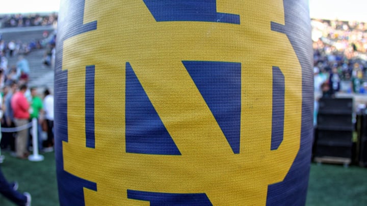 Close up view of Norte Dame logo on goal post prior to a game