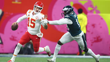 Feb 9, 2025; New Orleans, LA, USA; Kansas City Chiefs quarterback Patrick Mahomes (15) is tackled by Philadelphia Eagles linebacker Josh Sweat (19) in Super Bowl LIX between the Philadelphia Eagles and the Kansas City Chiefs at Ceasars Superdome. Mandatory Credit: Mark J. Rebilas-Imagn Images
