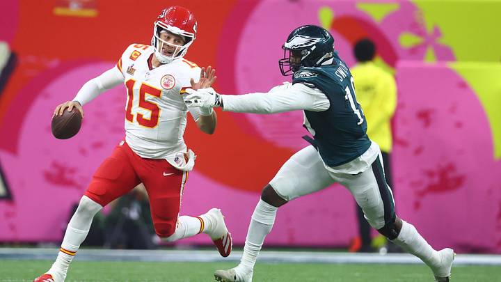 Feb 9, 2025; New Orleans, LA, USA; Kansas City Chiefs quarterback Patrick Mahomes (15) is tackled by Philadelphia Eagles linebacker Josh Sweat (19) in Super Bowl LIX between the Philadelphia Eagles and the Kansas City Chiefs at Ceasars Superdome. Mandatory Credit: Mark J. Rebilas-Imagn Images