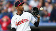 Apr 19, 2024; Cleveland, Ohio, USA; Cleveland Guardians starting pitcher Triston McKenzie (24) receives a new ball after giving up a home run to Oakland Athletics third baseman Abraham Toro (not pictured) during the first inning at Progressive Field. Mandatory Credit: Ken Blaze-Imagn Images