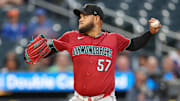 Apr 29, 2025; New York City, New York, USA; Arizona Diamondbacks starting pitcher Eduardo Rodriguez (57) delivers a pitch during the first inning against the New York Mets at Citi Field. Mandatory Credit: Vincent Carchietta-Imagn Images