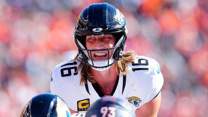Sep 20, 2026; Denver, Colorado, USA;  Jacksonville Jaguars quarterback Trevor Lawrence (16) calls out signals against the Denver Broncos during the second half at Empower Field at Mile High.  Mandatory Credit: Ron Chenoy-Imagn Images