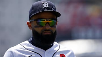 Patch for Memorial Day is seen on the jersey of Detroit Tigers center fielder Derek Hill (54) as he walks off the field in the second inning against the Minnesota Twins at Comerica Park.