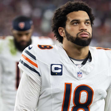 Chicago Bears quarterback Caleb Williams (18) reacts against the Arizona Cardinals at State Farm Stadium.