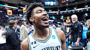 Michigan State guard Jaden Akins (3) celebrates 71-63 win over New Mexico at the Second Round of NCAA tournament at Rocket Arena in Cleveland, Ohio on Sunday, March 23, 2025.