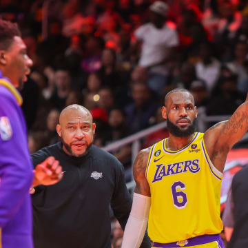 Dec 30, 2022; Atlanta, Georgia, USA; Los Angeles Lakers forward LeBron James (6) reacts after a basket against the Atlanta Hawks in the second half at State Farm Arena. Mandatory Credit: Brett Davis-USA TODAY Sports