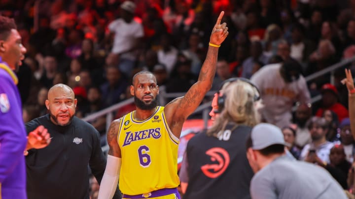 Dec 30, 2022; Atlanta, Georgia, USA; Los Angeles Lakers forward LeBron James (6) reacts after a basket against the Atlanta Hawks in the second half at State Farm Arena. Mandatory Credit: Brett Davis-USA TODAY Sports