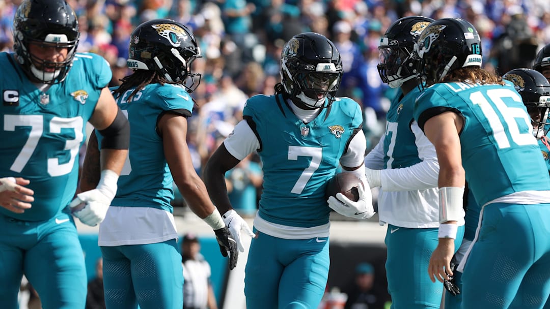 Jan 11, 2026; Jacksonville, FL, USA; Jacksonville Jaguars wide receiver Brian Thomas Jr. (7) reacts after scoring a touchdown during the first half against the Buffalo Bills in an AFC Wild Card Round game at EverBank Stadium. Mandatory Credit: Nathan Ray Seebeck-Imagn Images