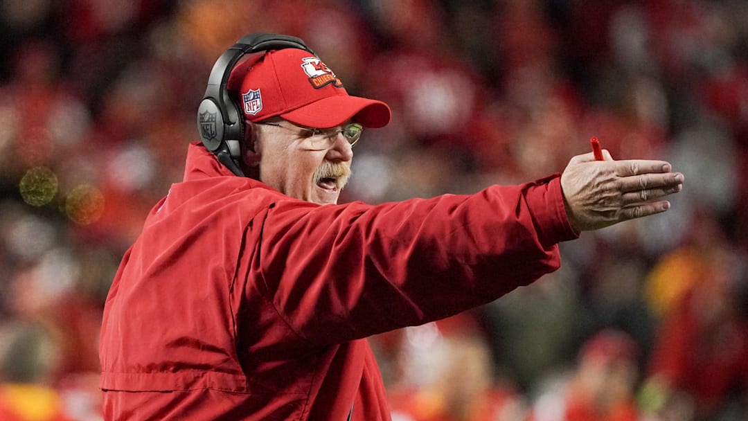 Nov 6, 2022; Kansas City, Missouri, USA; Kansas City Chiefs head coach Andy Reid gestures on the sidelines against the Tennessee Titans during the second half of the game at GEHA Field at Arrowhead Stadium. Mandatory Credit: Denny Medley-Imagn Images