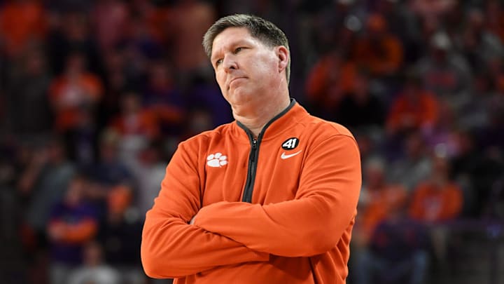 Clemson Tigers head coach Brad Brownell reacts after the Virginia Tech Hokies score Wednesday, Feb. 11, 2026, during the NCAA men’s basketball game at Littlejohn Coliseum in Clemson, South Carolina. Virginia Tech Hokies 76-66.