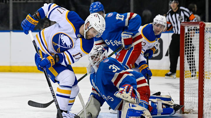 Apr 8, 2026; New York, New York, USA; Buffalo Sabres left wing Jason Zucker (17) makes a move around New York Rangers goaltender Igor Shesterkin (31) during the third period at Madison Square Garden.