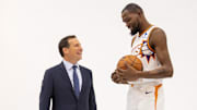 Oct 2, 2023; Phoenix, AZ, USA; Phoenix Suns owner Mat Ishbia (left) and forward Kevin Durant poses for a portrait during media day at Footprint Center. Mandatory Credit: Mark J. Rebilas-Imagn Images