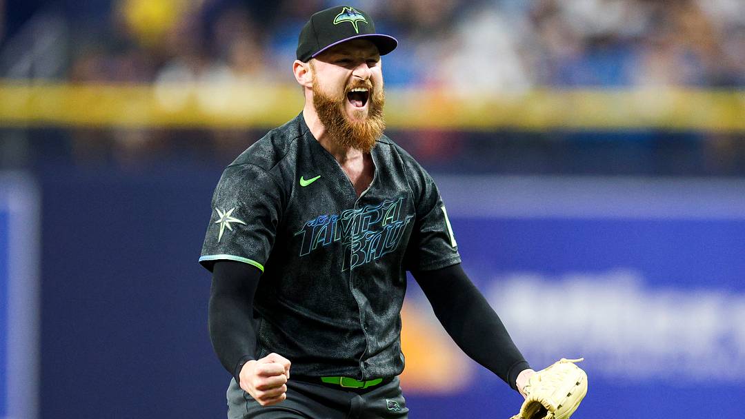 Aug 1, 2026; St. Petersburg, Florida, USA; Tampa Bay Rays pitcher Bryan Baker (47) reacts after beating the Chicago White Sox in the ninth inning at Tropicana Field. Mandatory Credit: Nathan Ray Seebeck-Imagn Images