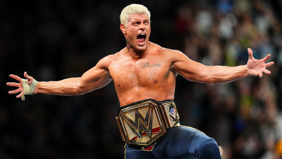 CLEVELAND, OHIO - AUGUST 03: Cody Rhodes celebrates his win during SummerSlam at Cleveland Browns Stadium on August 3, 2024 in Cleveland, Ohio.