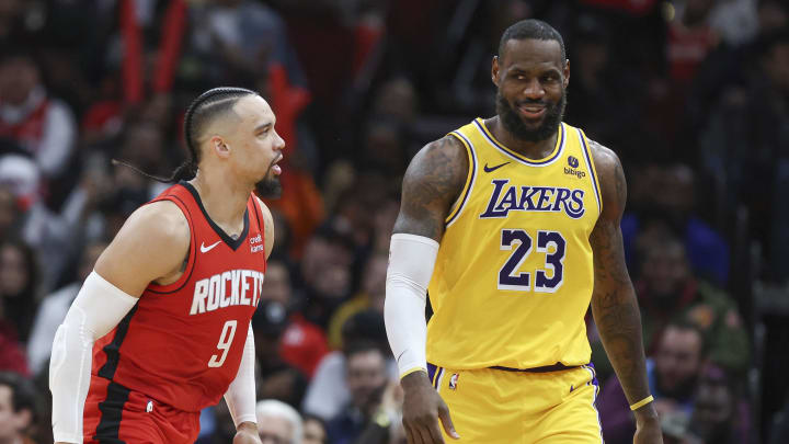 Jan 29, 2024; Houston, Texas, USA; Houston Rockets forward Dillon Brooks (9) reacts toward Los Angeles Lakers forward LeBron James (23) after scoring a basket during the fourth quarter at Toyota Center. Mandatory Credit: Troy Taormina-USA TODAY Sports