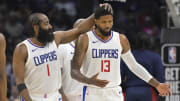 Apr 4, 2024; Los Angeles, California, USA; Los Angeles Clippers forward Paul George (13) gets a pat