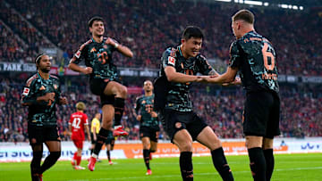 Bayern Munich players celebrating Kim Min-jae's goal against Freiburg.
