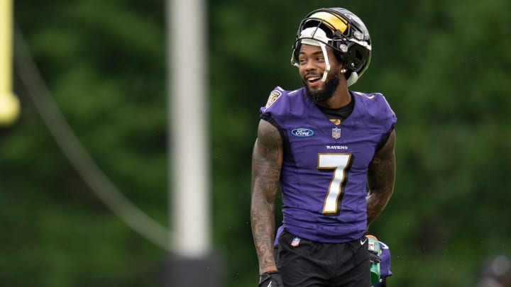 Jul 27, 2022; Owings Mills, MD, USA; Baltimore Ravens wide receiver Rashod Bateman (7) reacts during day one of training camp at Under Armour Performance Center. Mandatory Credit: Jessica Rapfogel-USA TODAY Sports