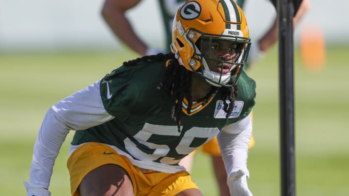 Green Bay Packers linebacker Ty'Ron Hopper runs through drills during rookie minicamp on Friday, May 3, 2024, at the Don Hutson Center in Green Bay, Wis. Tork Mason/USA TODAY NETWORK-Wisconsin