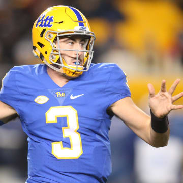 Nov 9, 2017; Pittsburgh, PA, USA;  Pittsburgh Panthers quarterback Ben Dinucci (3) passes against the North Carolina Tar Heels during the second quarter at Heinz Field. Mandatory Credit: Charles LeClaire-USA TODAY Sports